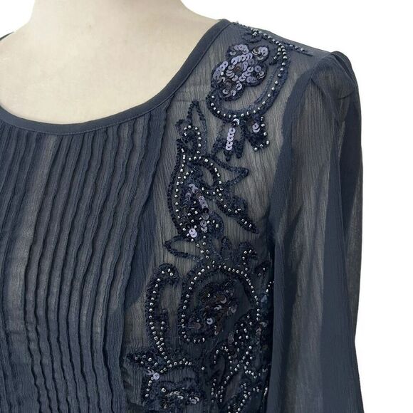 Anthropologie Maeve Helene Blouse in Navy Size Small 4 w Embellished Sequin Pepl - Picture 3 of 12